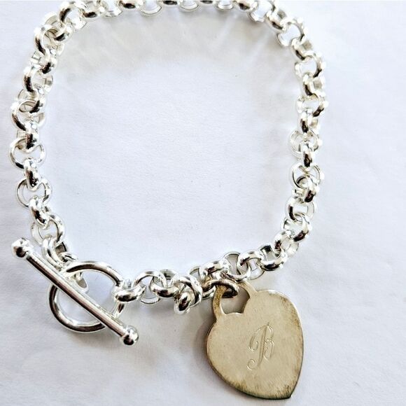 Sterling Silver Signed 925 OTO Toggle Clasp Monogramed "B" Heart Charm Bracelet - Picture 3 of 7